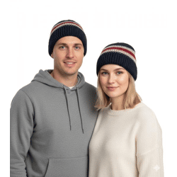 Stylische Häkel-Mütze Winter-Mütze weiche Strick-Mütze mit Streifen Baumwoll-Mütze 7314GUY Navy/Weiß/Rot
