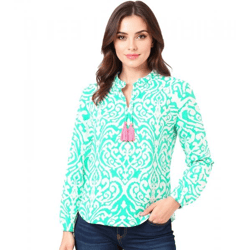 ZWILLINGSHERZ Embellished Women's Summer Blouse Tunic Shirt with Tassels 33223-64 Green/White/Pink