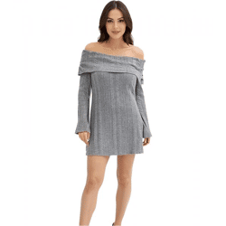 Damen Strick-Kleid mit Bardot-Ausschnitt Mini-Kleid Schulterfrei 912333 Grau