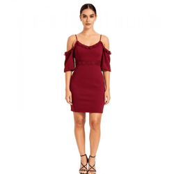 Damen Spitzen-Kleid schulterfreies Mini-Kleid mit dünnen, verstellbaren Trägern 951142 Burgunder-Rot