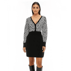 Damen Strick-Kleid mit graphischem Muster Mini-Kleid mit langen Ärmeln 976171 Schwarz/Weiß