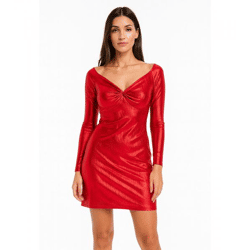elegantes Damen Jersey-Kleid mit Metallic-Effekt Abend-Kleid mit langen Ärmeln 922945 Rot