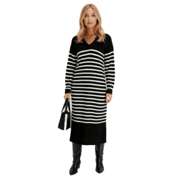 Damen Midi-Kleid gestreiftes Langarm-Kleid mit V-Ausschnitt Strick-Kleid 948157 Schwarz