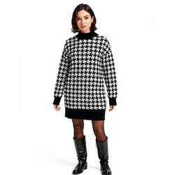 Damen Strick-Kleid mit Hahnentritt-Muster Mini-Kleid mit langen Ärmeln und Stehkragen 914658 Schwarz/Weiß