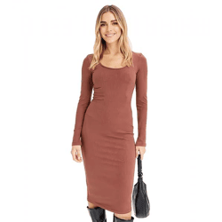 elegantes Damen Kleid Business-Kleid mit Rundhals-Ausschnitt Langarm-Kleid 961739 Braun