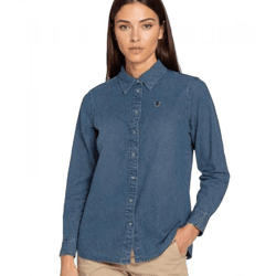 DELMAO Damen Jeans-Bluse Baumwoll-Hemd mit durchgehender Knopfleiste 99855860 Blau