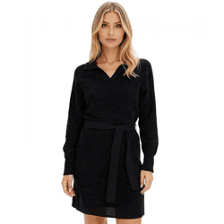 Damen Strick-Kleid Mini-Kleid mit Polo-Kragen Langarm-Kleid Baumwoll-Kleid 905509 Schwarz