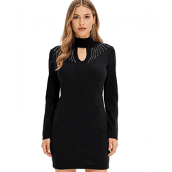 Damen Strick-Kleid Mini-Kleid mit Rollkragen und Ausschnittdetails Langarm-Kleid 916864 Schwarz