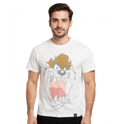 RE:COVERED X LOONEY TUNES Herren T-Shirt Tasmanischer Teufel Baumwoll-Shirt Rundhals-Shirt RCWARN551 Ecru-Weiß