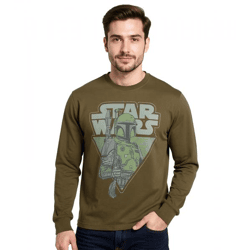 RE:COVERED X STAR WARS Herren Langarm-Shirt Mandalorian Print Baumwoll-Pullover Rundhals-Shirt RCDIF2046 Khaki