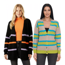 Aniston CASUAL Women's Knit Jacket: Stylish cardigan with a button closure and contrasting stripes in beige/blue/green or black/orange