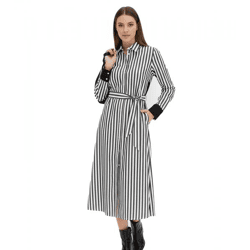 Classic Women's Midi Dress, Shirt Dress with Striped Design, Cotton Dress 934129 Black/White