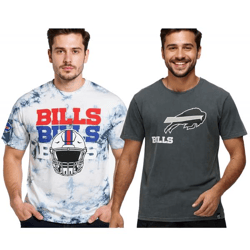 RE:COVERED X NFL Herren T-Shirt Buffalo Bills Logo-Schriftzug Print Baumwoll-Shirt Rundhals-Shirt in Grau oder Batik Blau/Weiß
