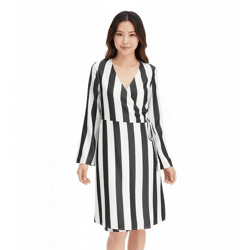 Schönes Streifenkleid für Damen Wickel-Kleid mit V-Ausschnitt Mini-Kleid 978829 Schwarz/Weiß