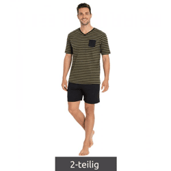 weicher Herren Pyjama 2-teiliger Shorty-Set mit Brusttasche und Streifen kurzer Schlafanzug Baumwoll-Pyjama 957908 Schwarz/Oliv