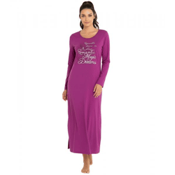 langes Damen Nacht-Kleid Pyjama mit Schlitz Nachthemd mit Statement-Print Baumwoll-Kleid 933148 Violett