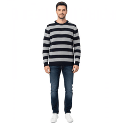 Stylischer ESPRIT Herren Strick-Pullover im Streifen-Design Rundhals-Sweater Baumwoll-Pullover Dunkelblau/Grau