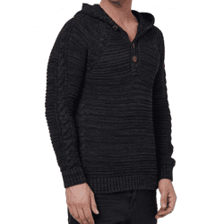 Markanter Herren Grobstrick Kapuzen-Pullover mit Knopfleiste und Zopfstruktur Strick-Hoodie Sweater 13385 Schwarz