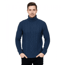 Cooler Herren Grobstrick Rollkragen-Pullover mit eingearbeitetem Muster Sweater 13348 Petrol