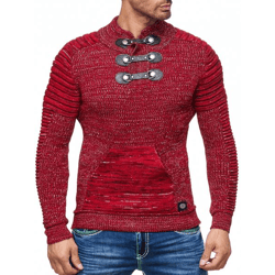 Markanter Herren Grobstrick-Pullover mit Stehkragen und Kragenverschluss Struktur-Strick-Sweater 13299 Rot