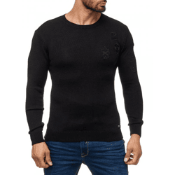 Trendy Men's Crew-Neck Sweater with Patches, Military-Style Knit Sweater 13297 Black