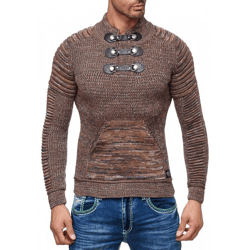 Markanter Herren Grobstrick-Pullover mit Stehkragen und Kragenverschluss Struktur-Strick-Sweater 13299 Camel