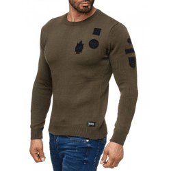 Trendiger Herren Rundhals-Sweater mit Patches Strick-Pullover im Military Style 13297 Khaki