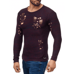 Moderner Herren Strick-Pullover im Destroyed Look Rundhals-Sweaterullover 13295 Weinrot