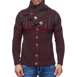 Stylischer Herren Grobstrick-Pullover mit Stehkragen und Knebelverschluss Kontrast Strick-Sweater 13288 Bordeaux