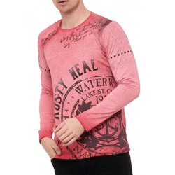 Markantes Herren Longsleeve Rundhals Print Design Washed Look mit Knopfleiste Slim Fit Langarm-Shirt 10145 Rot