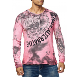 Eye-Catching Men's Long-Sleeve V-Neck Washed Print Design Slim-Fit Long-Sleeve Shirt 10135 Coral