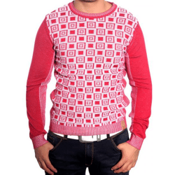 Modern Men's Knit Sweater, Checkered Pattern, Textured Knit, Crew Neck Sweater 3178 Red