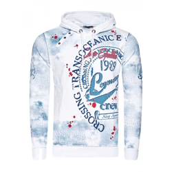 Exclusive Men's Hooded Sweatshirt: Oil-Washed Hoodie with Button Placket and Sea Print, Sweater 19128, White