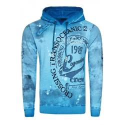 Exclusive Men's Hooded Sweatshirt: Oil-Washed Hoodie with Button Placket and Sea Print, Sweater 19128, Petrol
