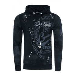 Exclusive Men's Hooded Sweatshirt: Oil-Washed Hoodie with Button Placket and Sea Print, Sweater 19128, Black