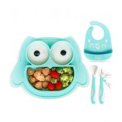 Rutschfestes Brunoko Silikon-Babyteller 3-in-1 Baby-Tellerset + Babylöffel + Lätzchen mit Auffangschale aus Silikon BPA-frei Mint-Grün