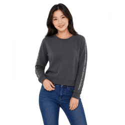 bruno banani Damen Rundhals-Pullover mit Marken-Schriftzug an Ärmel verlaufend Baumwoll-Sweater Langarm-Shirt Anthrazit