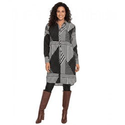 Modische Long-Bluse mit mit modernem Patchwork-Design Hemd-Bluse Langarm-Bluse 913770 Weiß/Schwarz
