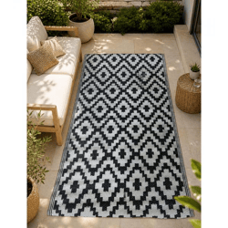Moderner Outdoor-Teppich im Rauten-Design Garten-Teppich Dekoteppich ca.90 x 150cm Weiß/Schwarz