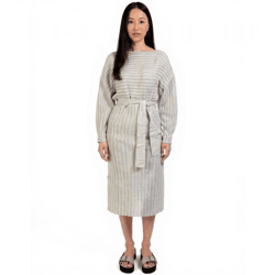 Soft Women's Midi Dress, Basic Knit-Style Dress with Tie, Long-Sleeve Dress 929118 Beige