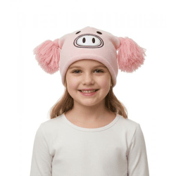Schweinchen Mütze Teenager Beanie mit Bommeln und niedlichem Gesicht vorne BE170080PLW Rosa