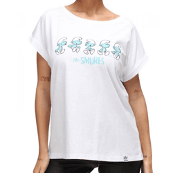 RE:COVERED X Schlümpfe Damen T-Shirt mit Schlumpf Print Baumwoll-Shirt Boyfriend-Cut Rundhals-Shirt RCSMF116 Weiß