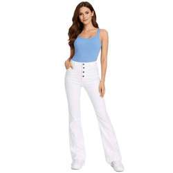 AjC Damen High Waist Jeans Baumwoll-Hose Bootcut Hose mit Knopfdetails 55820553 Weiß