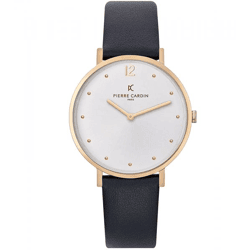 Pierre Cardin Damen schlichte Armband-Uhr analoge Quarz-Uhr mit Leder-Armband 3ATM 39mm CBV.1014 Schwarz/Weiß/Gold