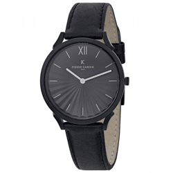 Pierre Cardin Damen Armband-Uhr schlichtes Ziffernblatt analoge Quarz-Uhr mit Leder-Armband 3ATM 40mm CPI.2006 Schwarz