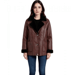 nachhaltige Damen Lederimitat-Jacke mit Kunstlammfell-Kragen Oversized-Jacke 950768 Braun