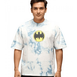 RE:COVERED X DC Herren T-Shirt BATMAN Split Baumwoll-Shirt im Batik-Design Rundhals-Shirt RCWARN553 Grau
