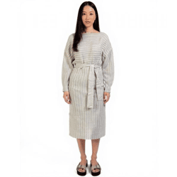 weiches Damen Midi-Kleid Basic-Kleid im Strick-Stil mit Bindeband Langarm-Kleid 929118 Beige