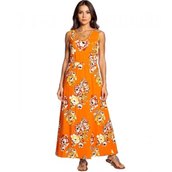 Laura Scott Damen Midi-Kleid ärmelloses Sommerkleid mit Blumendruck Strand-Kleid 94523917 Orange