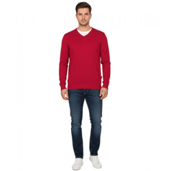 Stylischer Herren Strick-Pullover mit V-Ausschnitt Premium-Baumwolle 143-002 Rot